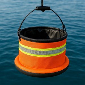 Floating Folding Bucket For Boat Cleaning And Maritime Use With High Visibility Reflective Strips